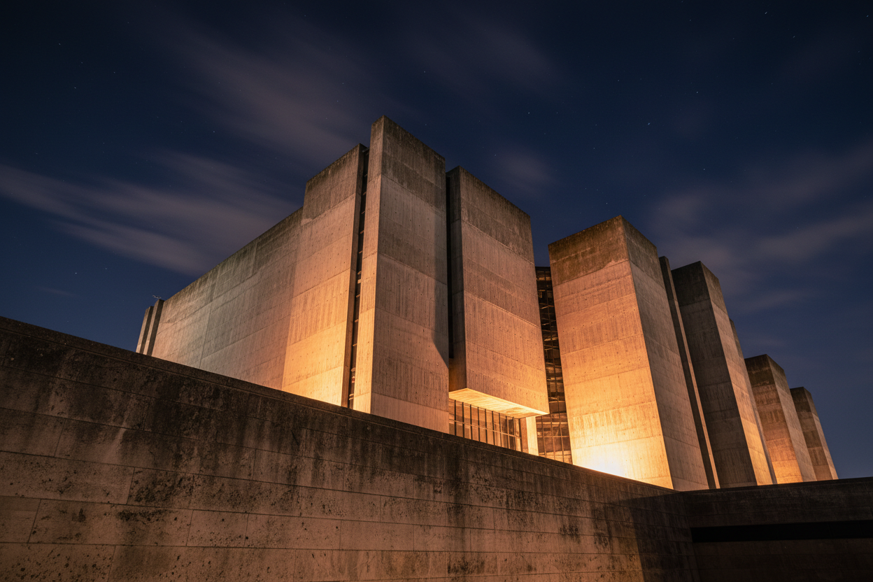 Brutalist museum facade with warm amber grazing light highlighting raw concrete texture at midnight
